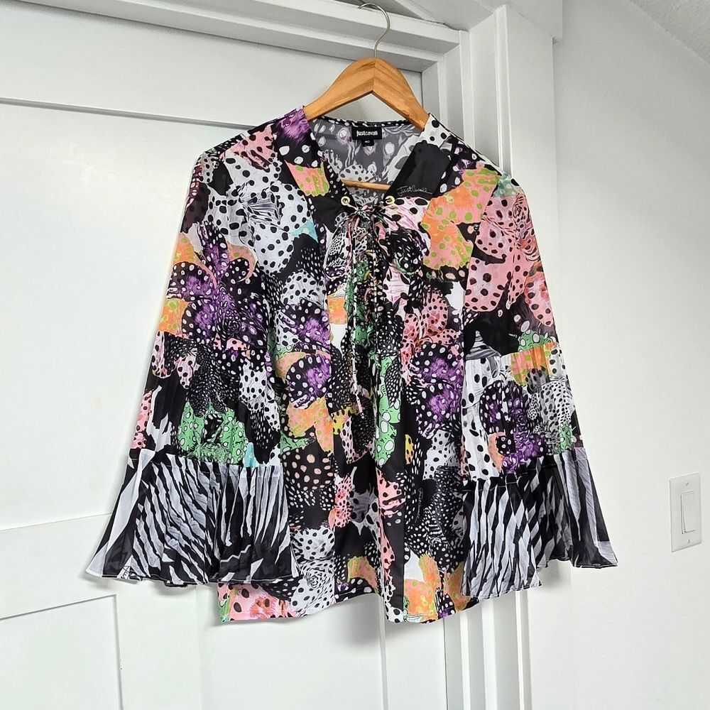 Just Cavalli Orchid & Fish Print Pleated Tie Front Long Flute Sleeve Blouse